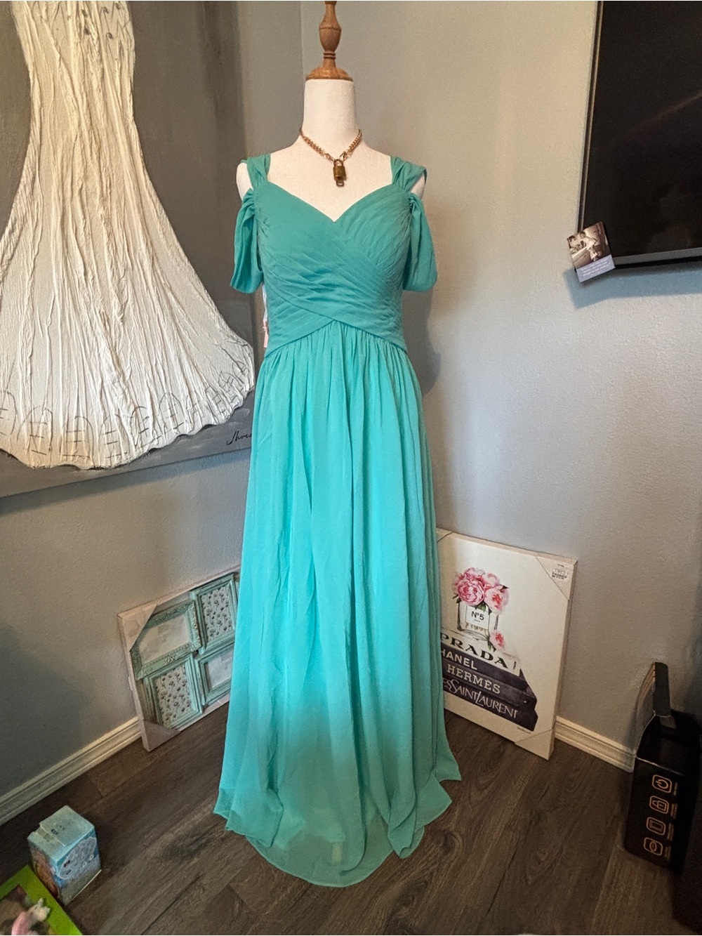Seafoam Off-Shoulder Chiffon Maxi Dress